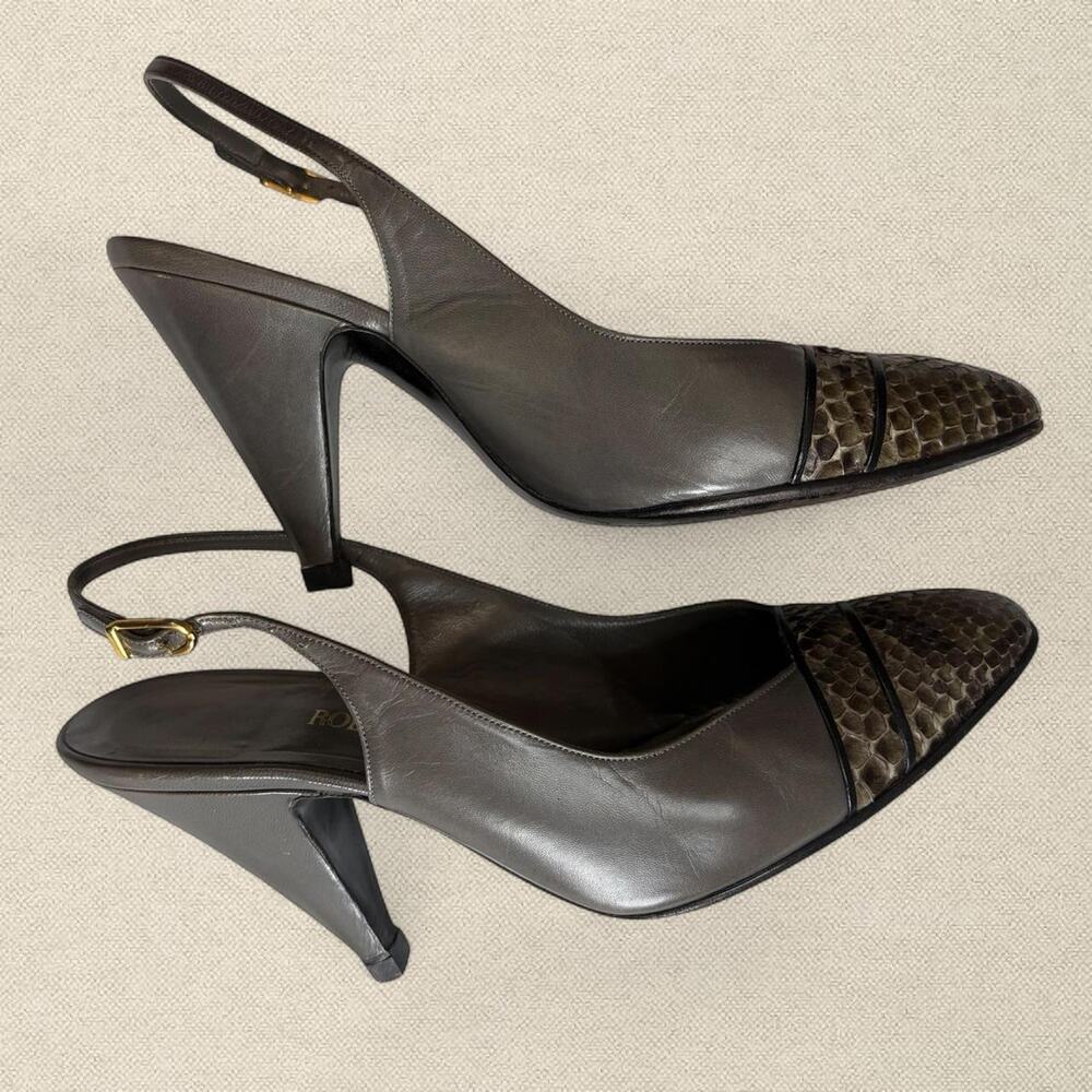 Taupe Leather Slingback Pumps Snakeskin Detailing sz 4.5 Italian